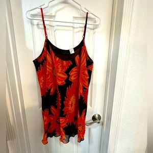 Venus Sz 12 black & orange print camisole tunic flowy overlay black lining